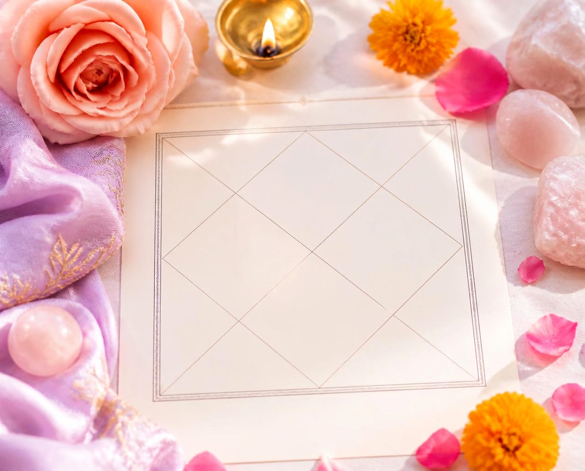 Vedic kundali chart with brass diya, rose quartz and marigold flowers